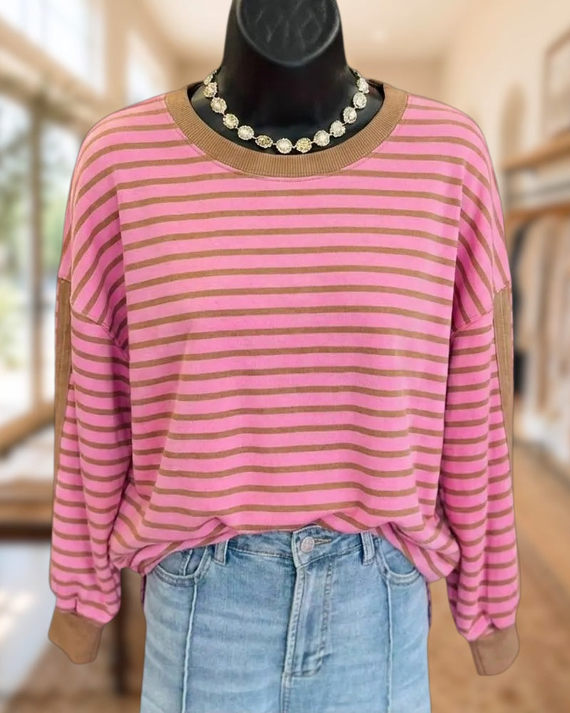 Striped Crew Neck Drop Shoulder Contrast Trim Loose Casual Top