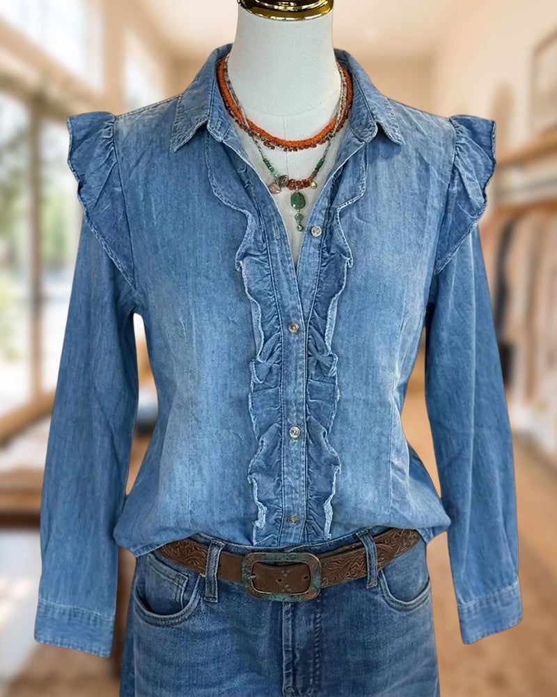 Ruffled Placket Shoulder Detail Button Down Long Sleeve Shirt
