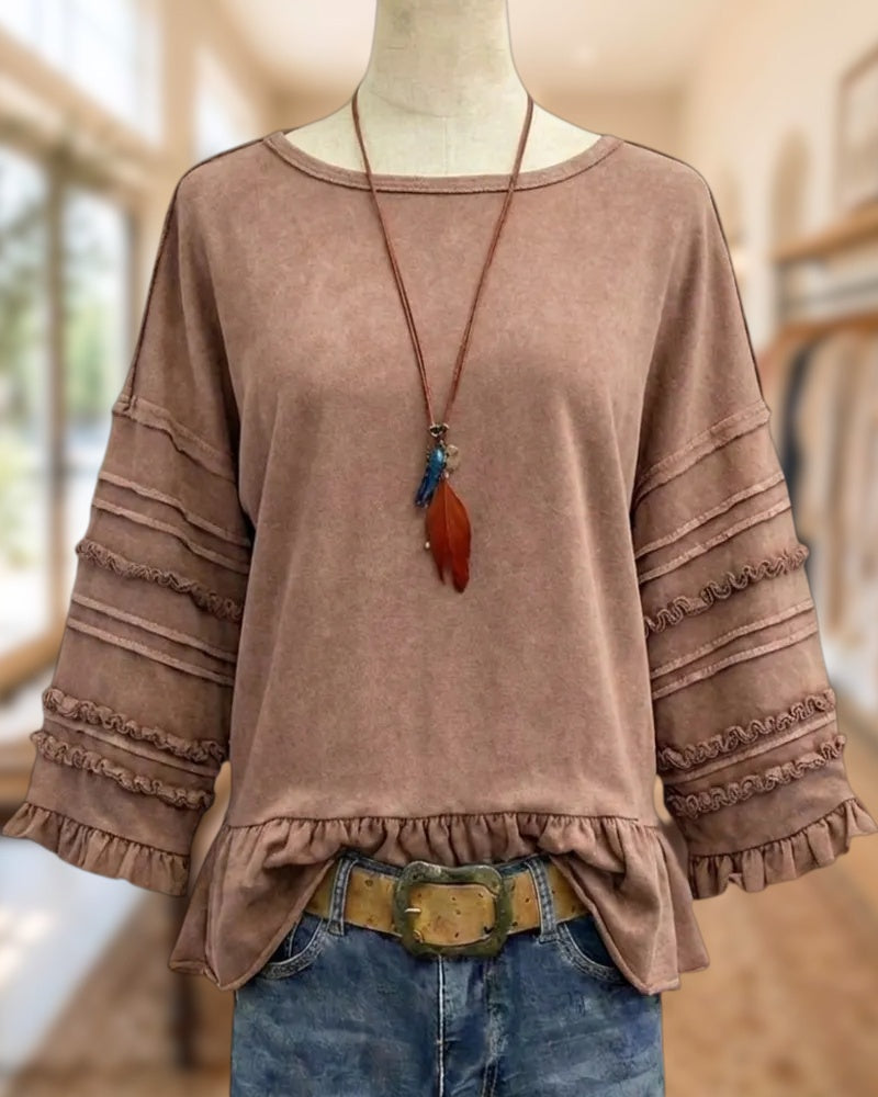 Solid Color Ruffled Trim 3/4 Sleeve O Neck Blouse