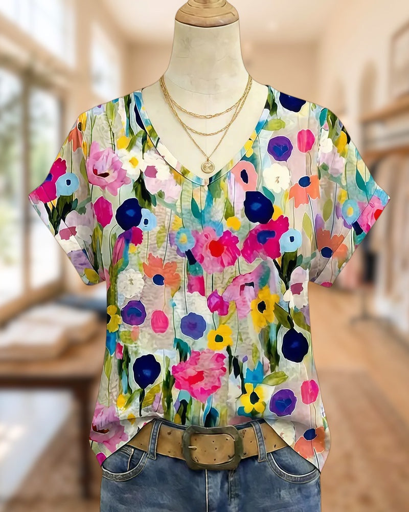 Floral Print Colorful V Neck T-Shirt