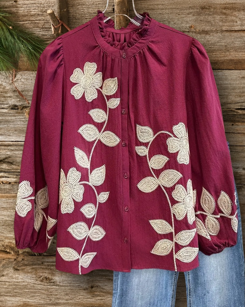 Floral Embroidery Oriental Button Down Blouse