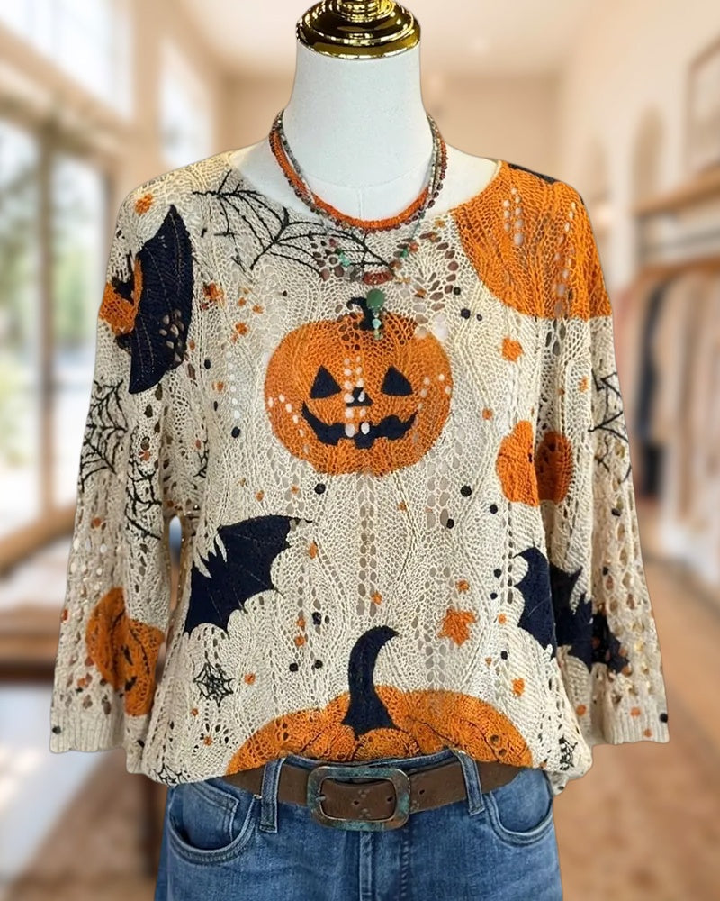 Crocheted Halloween Print 3/4 Sleeve Sweater