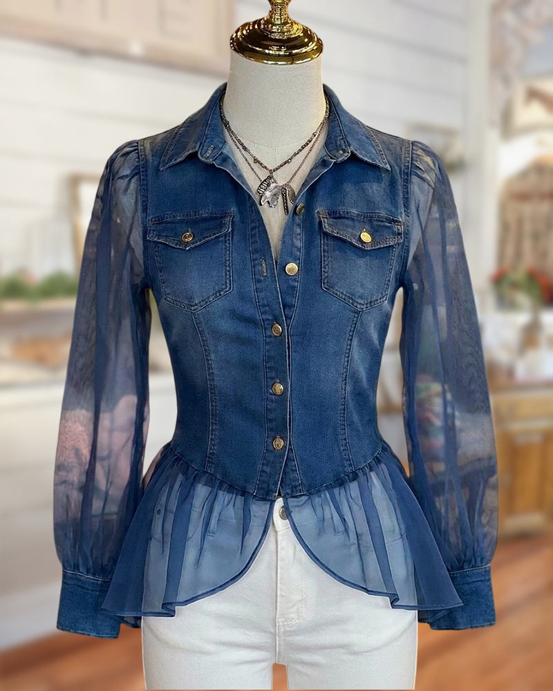 Sheer Long Sleeve Button Front Peplum Pocket Detail Collared Top