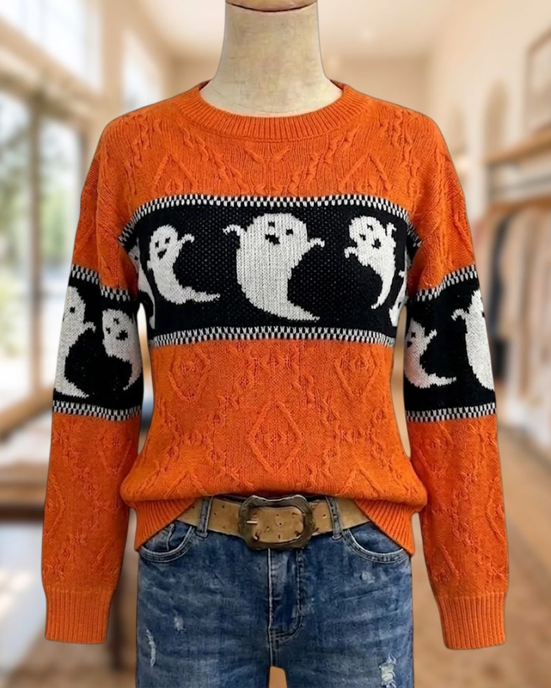 Ghost Print Cable Knit Crew Neck Long Sleeve Casual Sweater