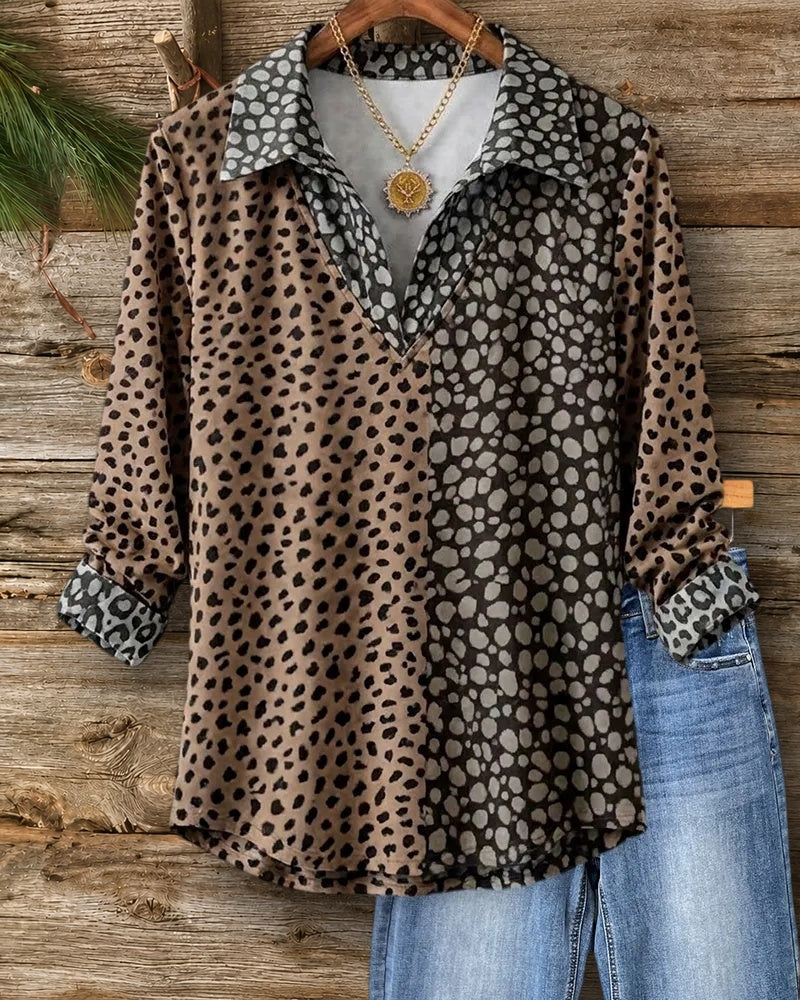 Leopard Print Contrast Panel Collared Long Sleeve Casual Blouse