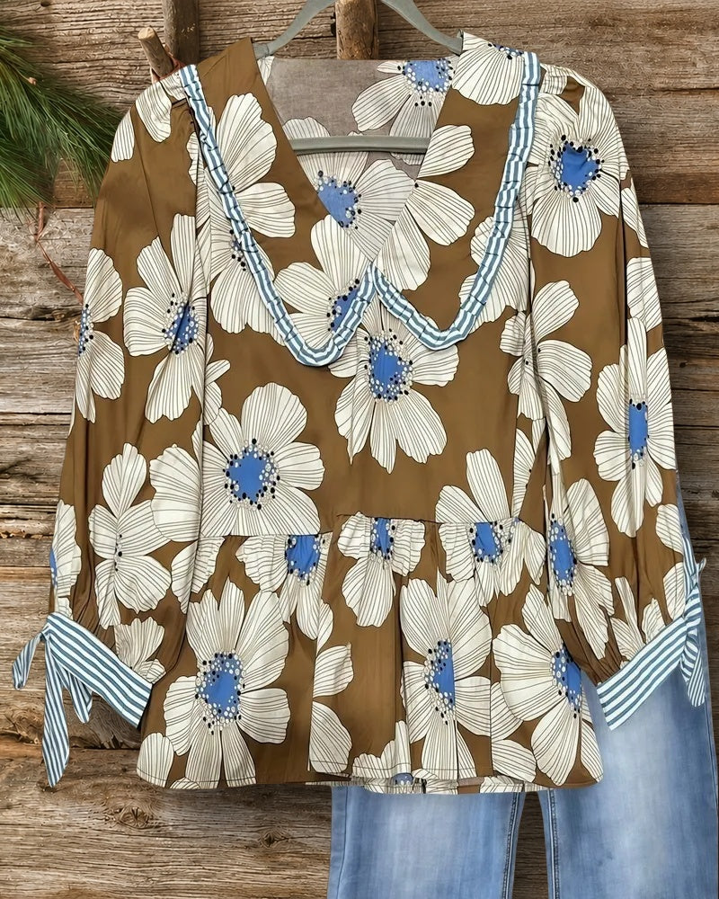 Floral Print Doll Collar Pretty Peplum Blouse