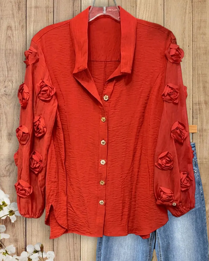 Collared Button Front 3D Flower Decor Long Sleeve Blouse