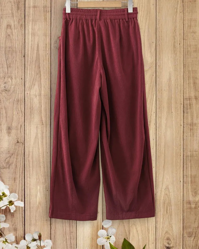 Drawstring Waist Pocketed Wide Leg Solid Color Pants