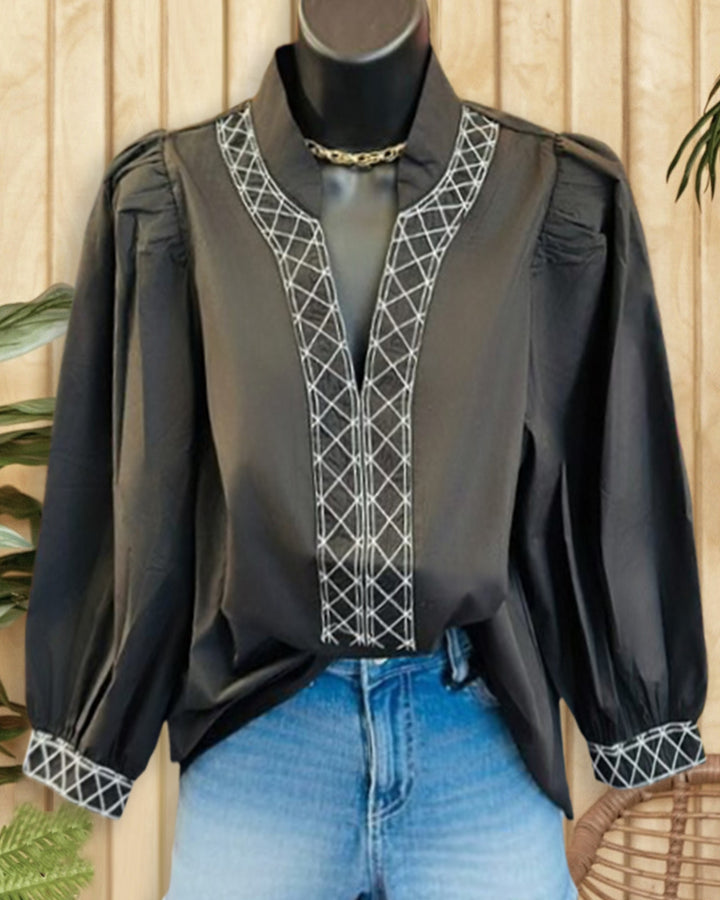 Contrast-Stitch Retro V Neck Puff Sleeve Blouse
