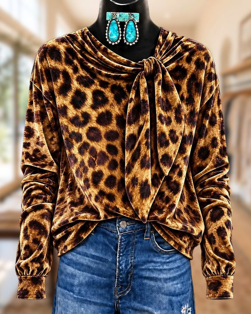 Tie Neck Leopard Print Long Sleeve Chic Velvet Blouse