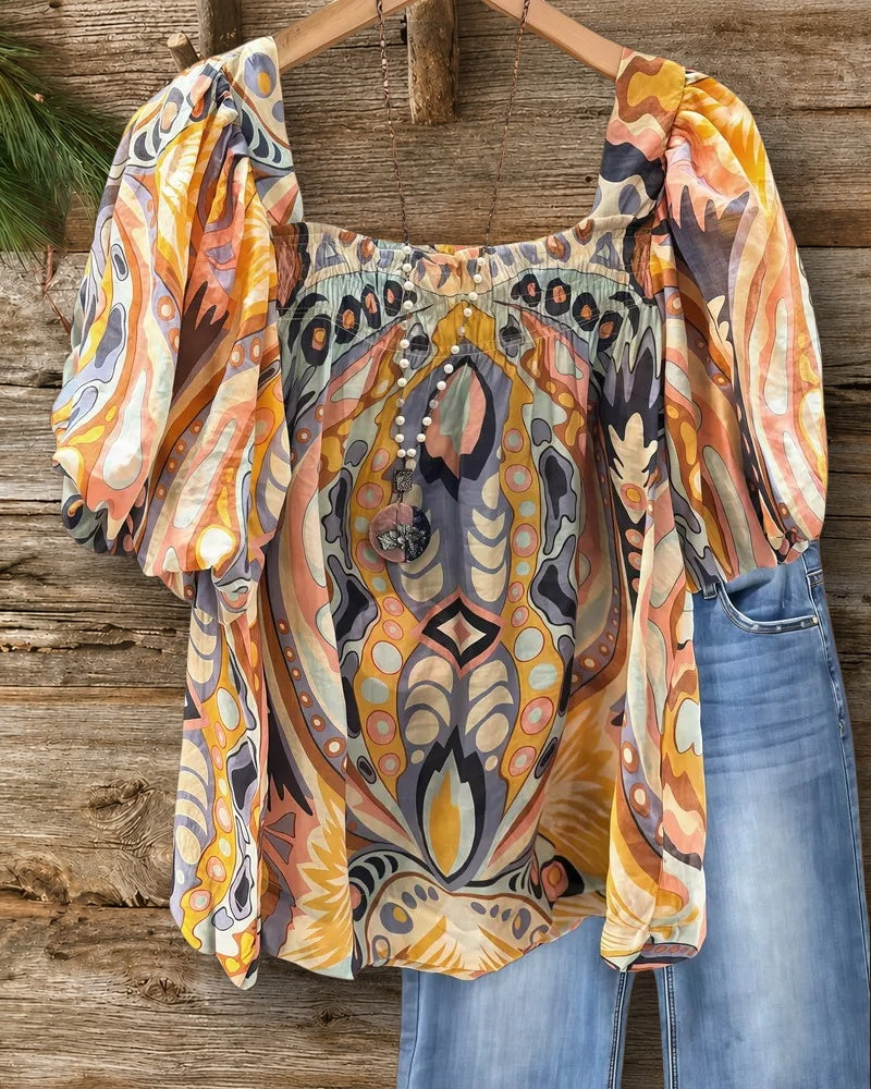 Tribal Print Puff Sleeve Square Collar Chic Blouse