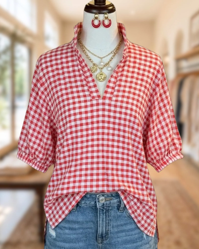 V Neck Puff Sleeve Gingham Print Loose Casual Blouse