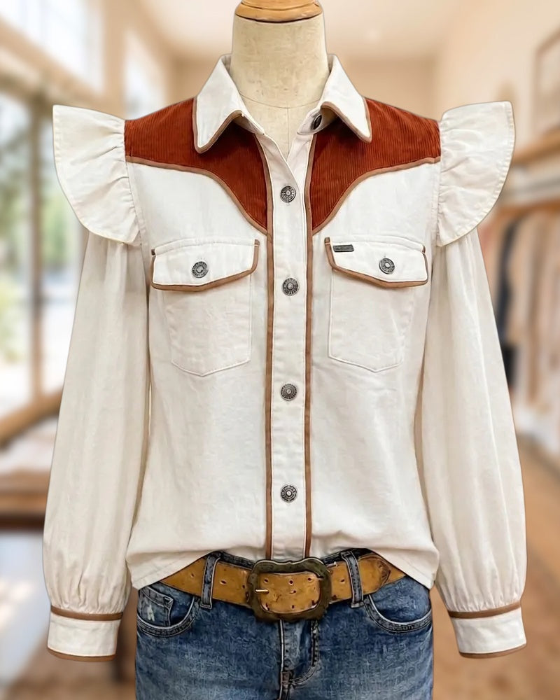 Contrast Yoke Ruffle Shoulder Patch Pocket Button Front Shirt
