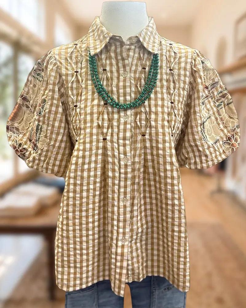 Floral Applique & Gingham Smocked Puff Sleeve Button Front Blouse