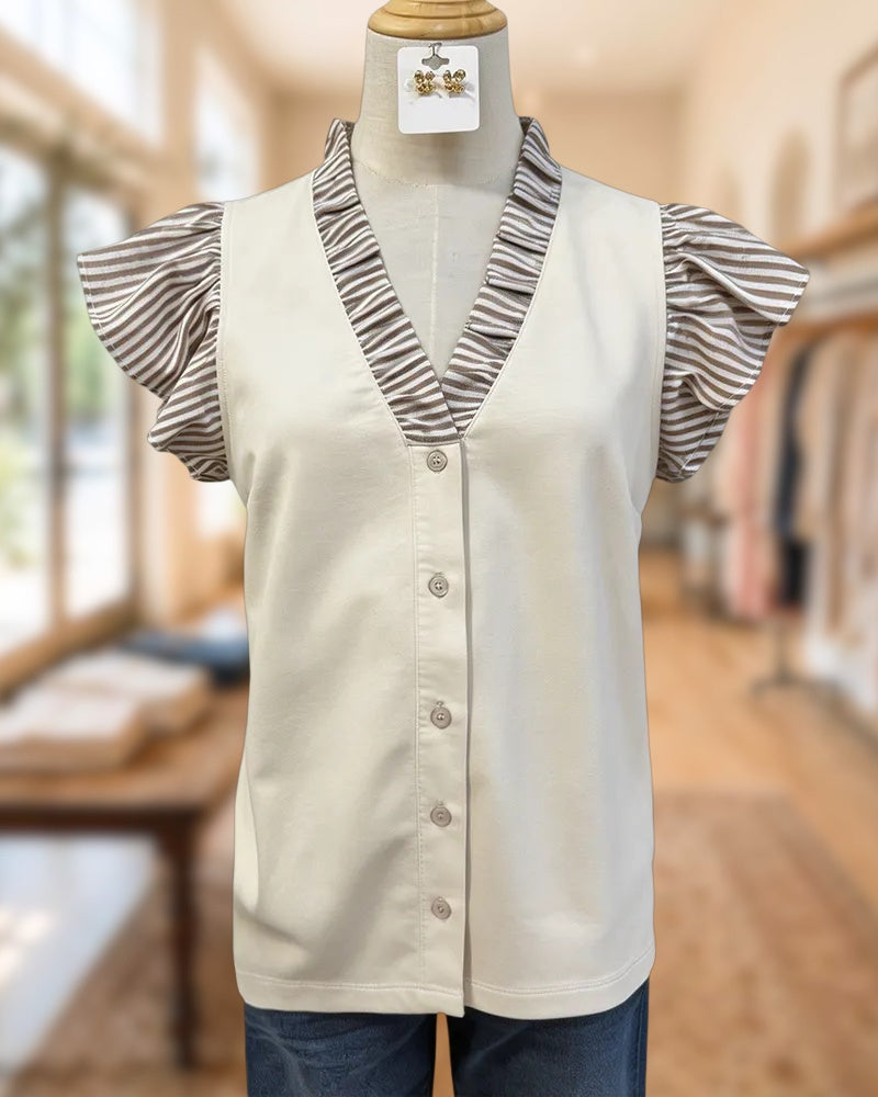 Striped Trim V Neck Button Front Ruffle Sleeve Blouse