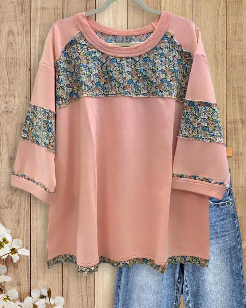 Patchwork Floral Crew Neck 3/4 Sleeve Cozy Sweatshirt