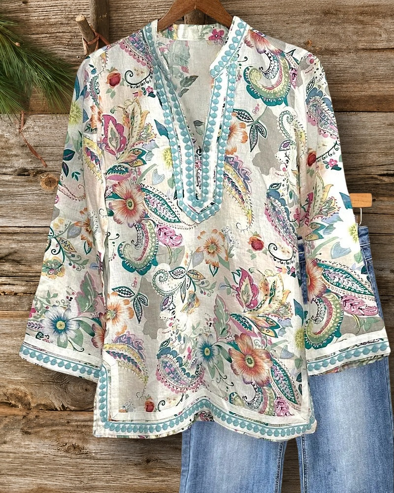 Floral Print Bohemia V Neck Patchwork Blouse