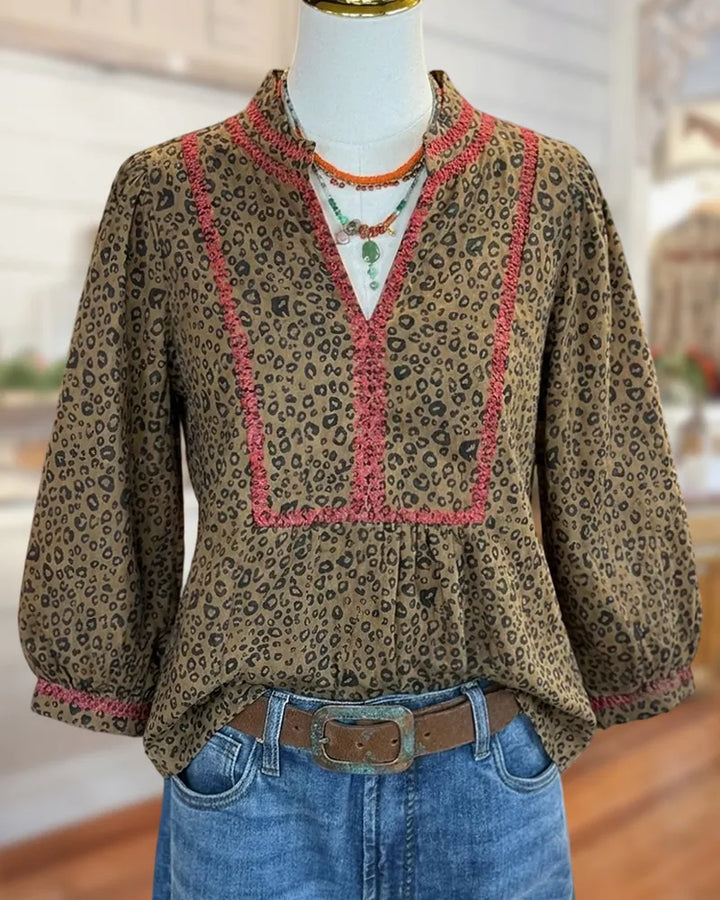 Leopard Print Contrast Trim V Neck Gathered 3/4 Sleeve Blouse