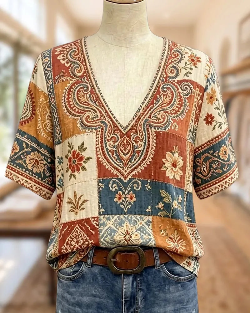 V Neck Patchwork Paisley Floral Short Sleeve Casual Blouse