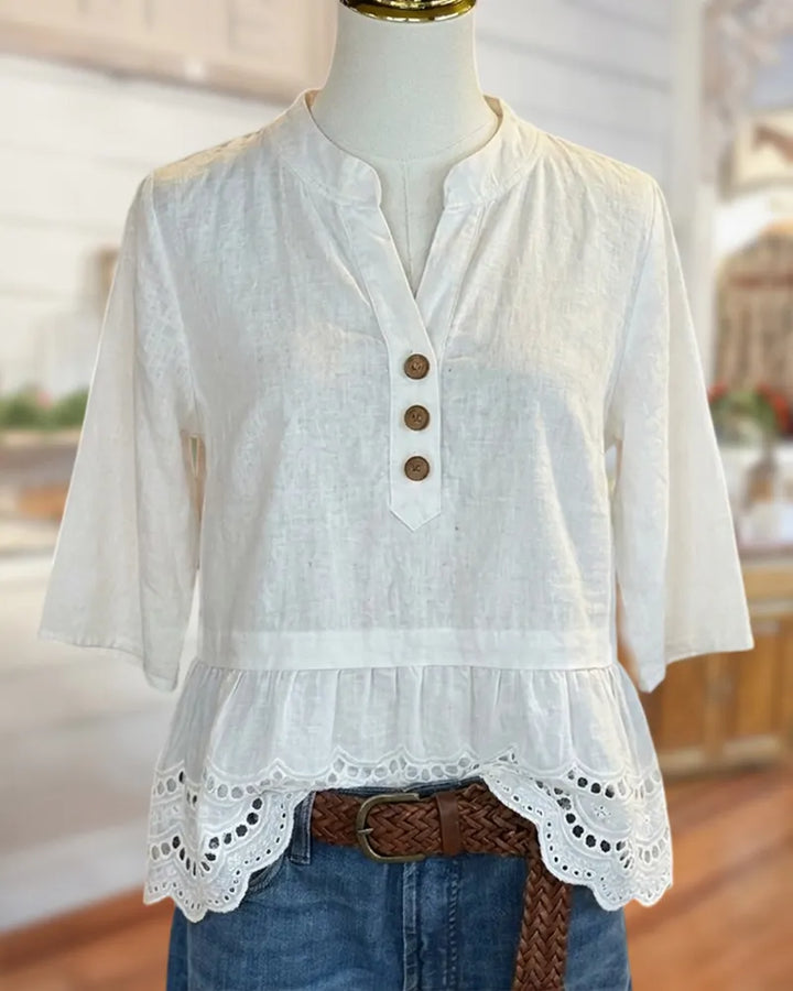 Half Sleeve Mandarin Collar Button Front Eyelet Trim Peplum Blouse