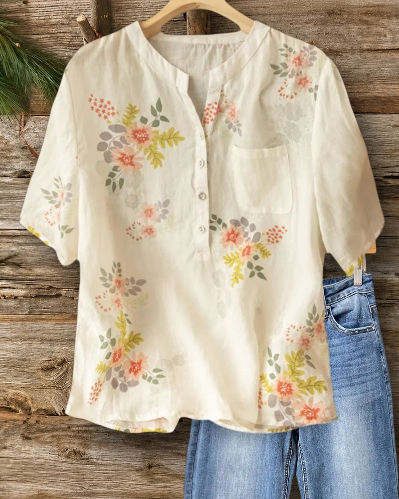Floral Print Henley Placket Short Sleeve Chest Pocket Blouse