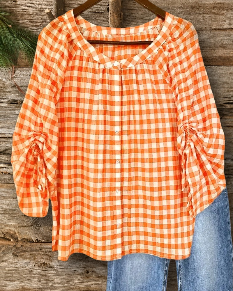Gingham Drawstring Design Button Down Urban Blouse