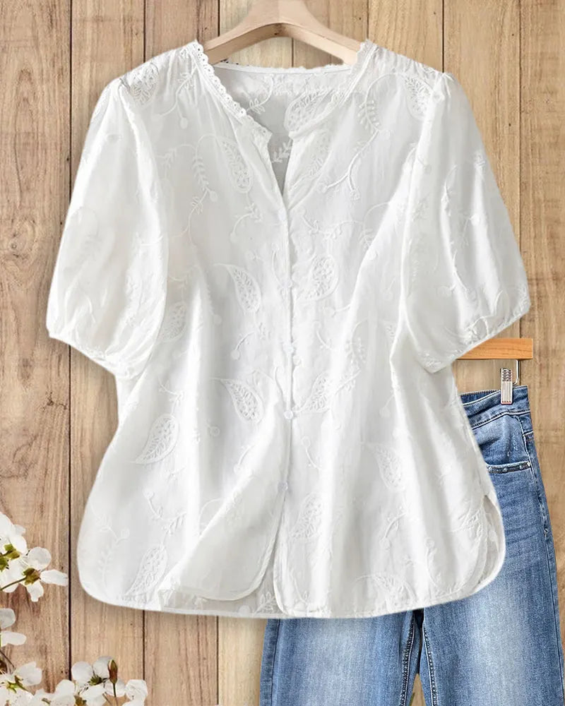 Embroidered Puff Sleeve Lace Trim Button Front Casual Blouse