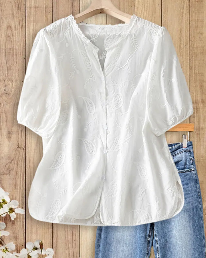 Embroidered Puff Sleeve Lace Trim Button Front Casual Blouse