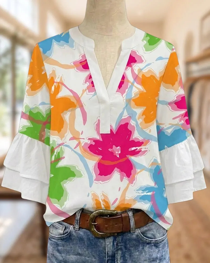 Split V Neck Tiered Flare Sleeve Printed Casual Blouse