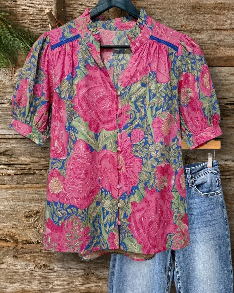 Floral Print Puff Sleeve Button Front Ruffled Casual Blouse