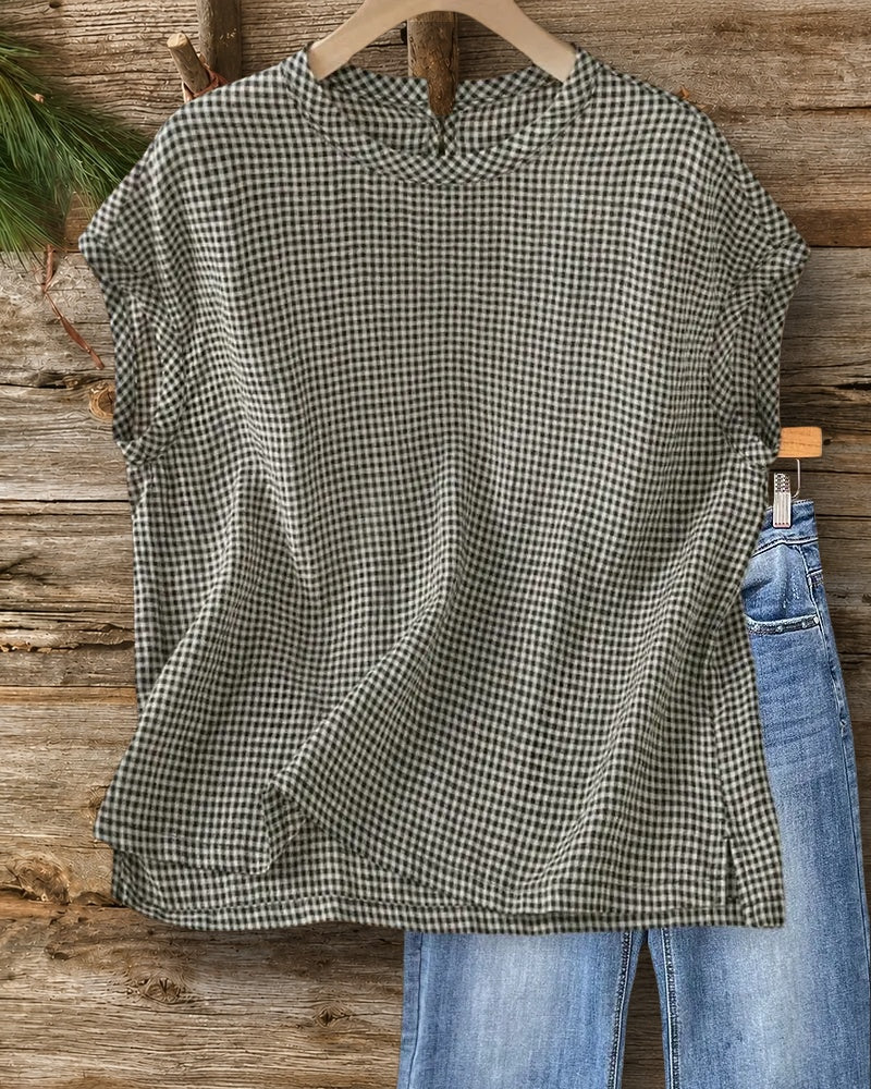 Gingham Print Loose Casual Short Sleeve Keyhole Back Blouse