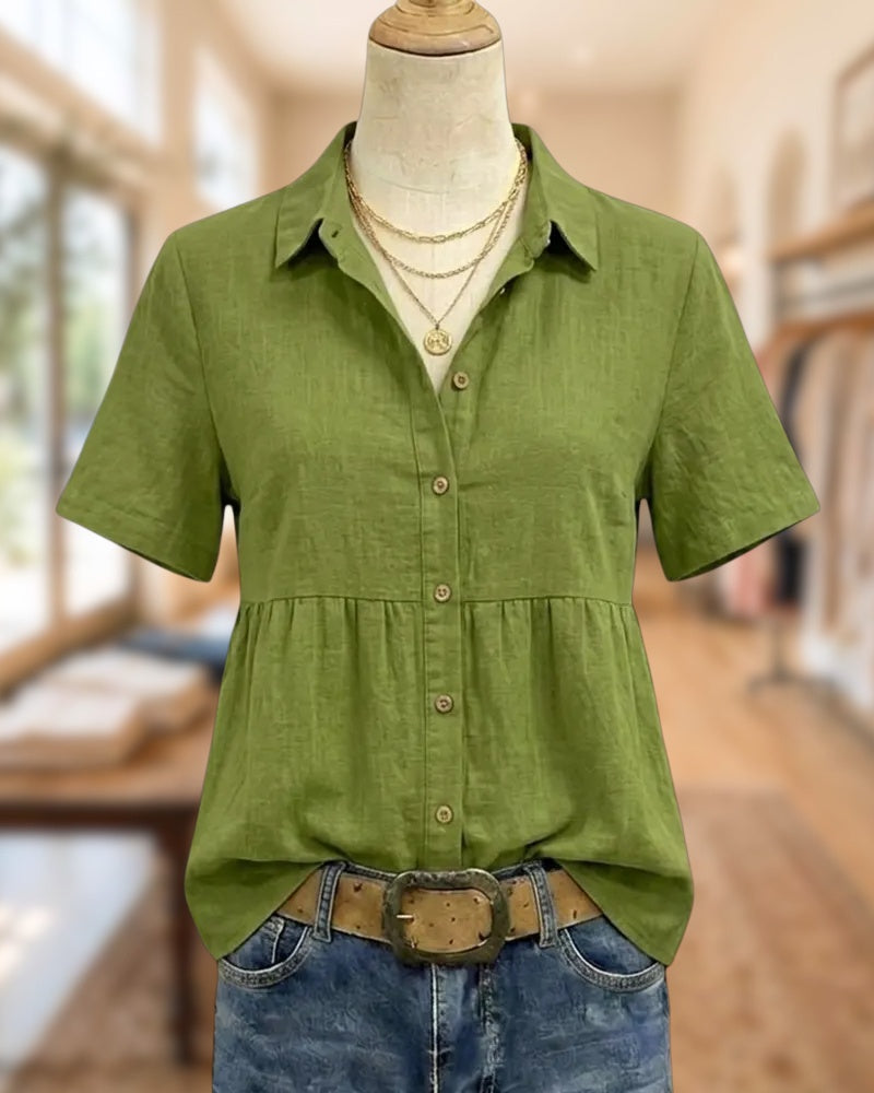 Collared Short Sleeve Button Front Gathered Solid Color Blouse