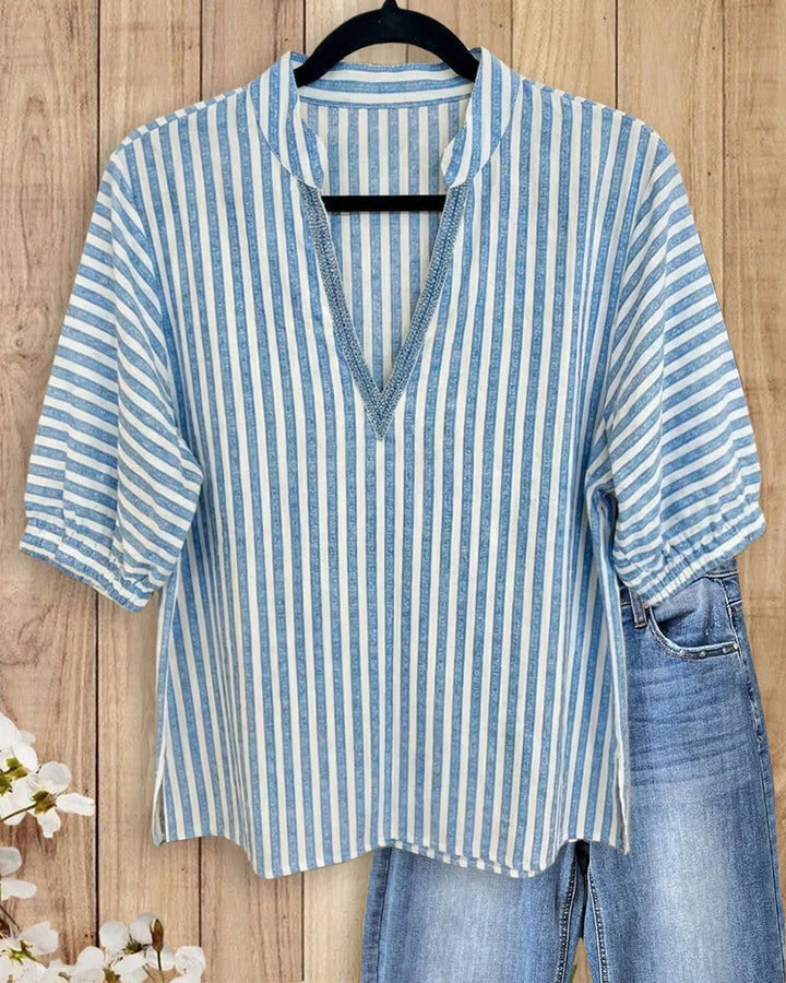 Striped Half Sleeve V-neck Stitch Detail Loose Blouse