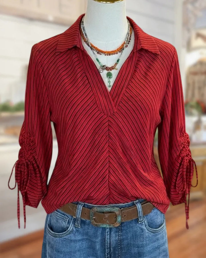 Collared V-Neck Ruched Drawstring Sleeve Striped Casual Blouse
