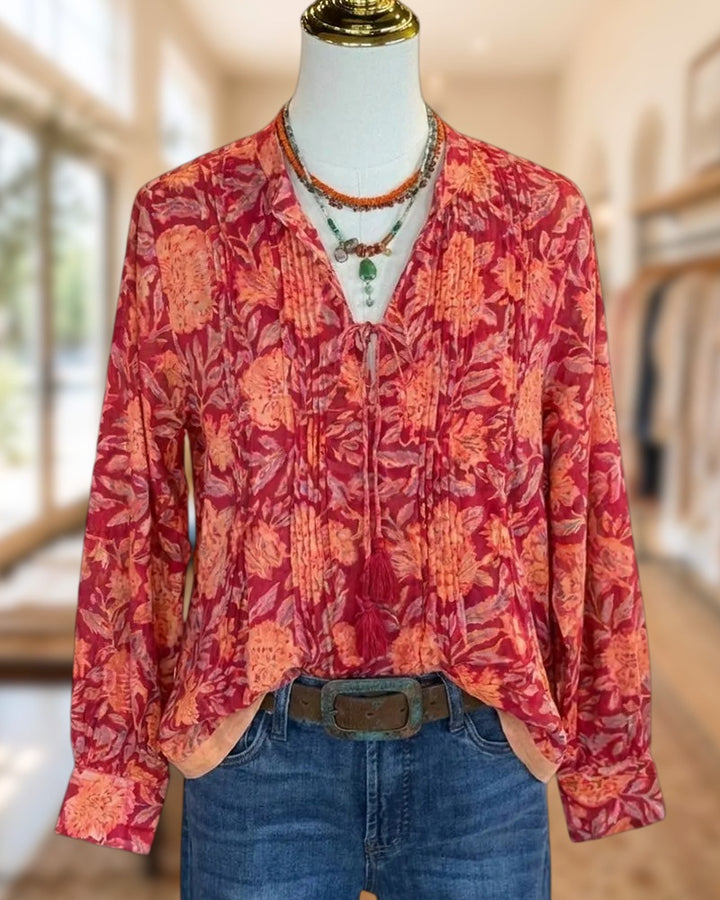 Casual Floral Print Tie Neck Pleated Long Sleeve Blouse