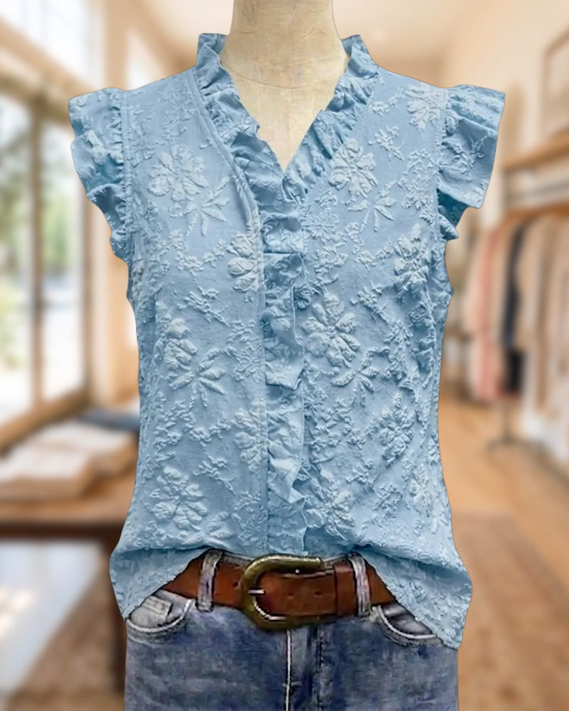 Ruffled V Neck Floral Embossed Flutter Sleeve Casual Blouse