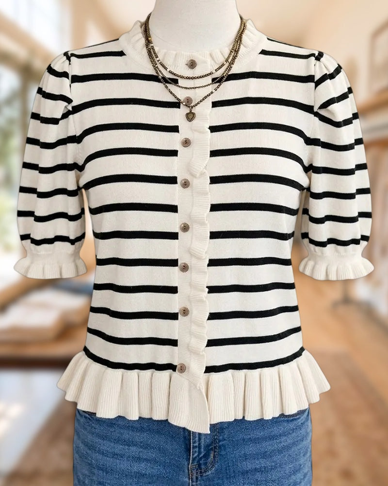 Striped Ruffle Trim Button Front Puff Sleeve Cardigan