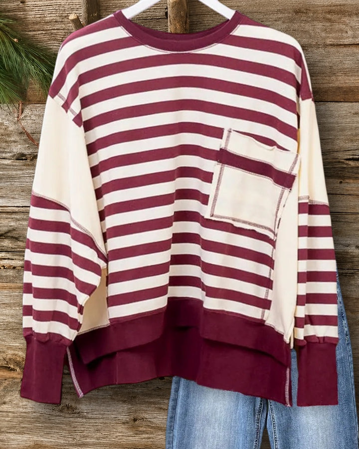 Striped Crew Neck Side Slit Long Sleeve Sweatshirt
