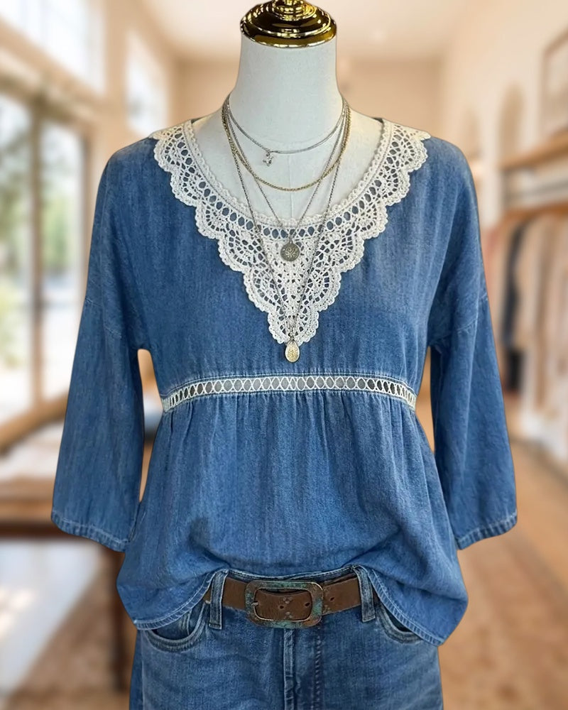 Lace Trim V Neck Cutout Detail Gathered Waist Denim Blouse
