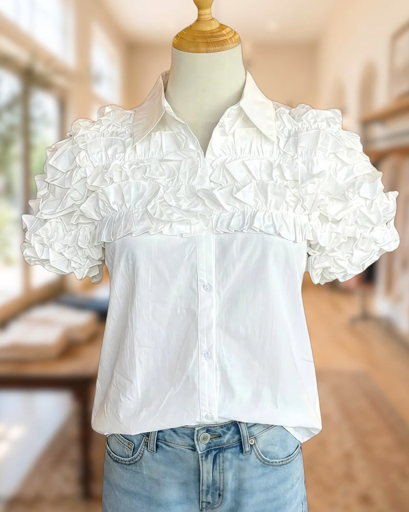 Solid Color Dramatic Ruffles Decor Button Up Shirt