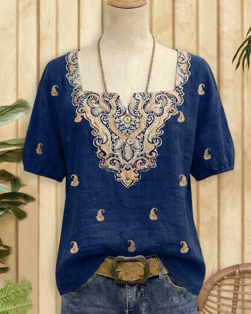 Square Neck Embroidered Button Front Short Sleeve Casual Blouse