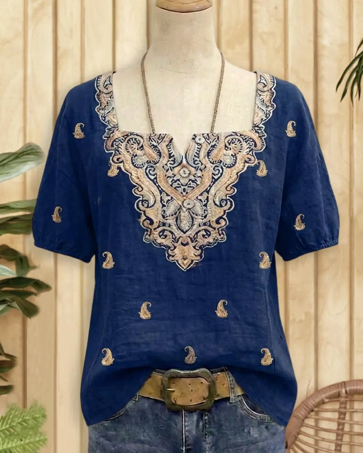 Square Neck Embroidered Button Front Short Sleeve Casual Blouse