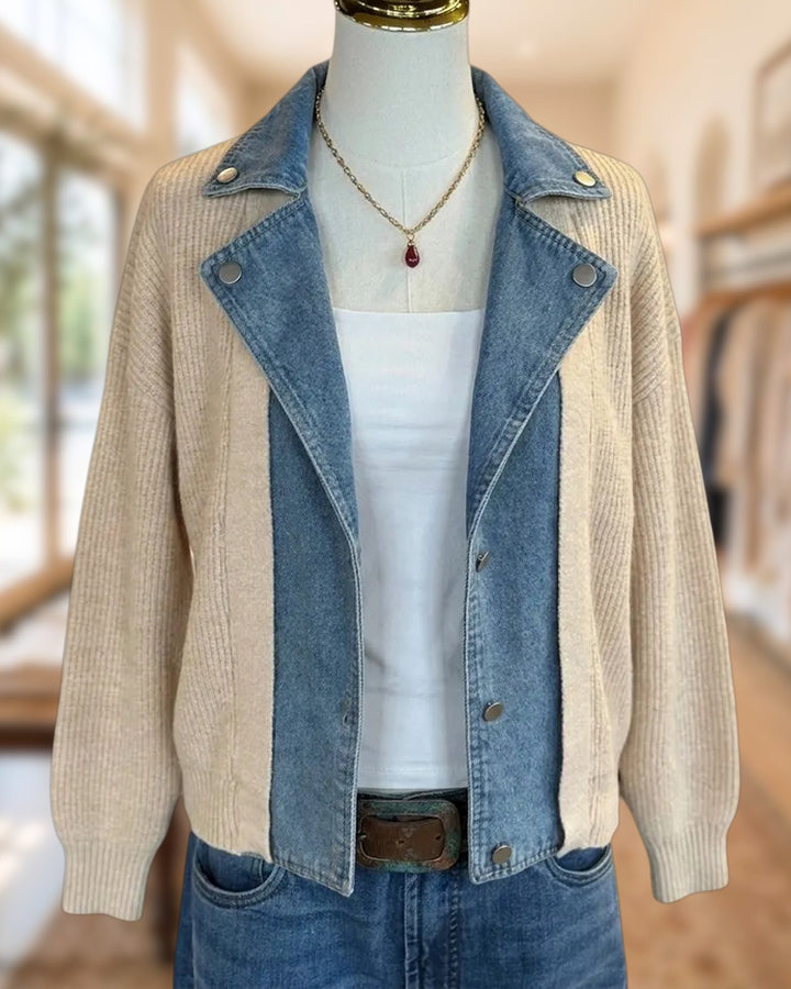 Denim Spliced Lapel Button Knit Jacket