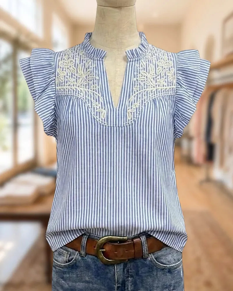 Embroidered Striped Ruffle Sleeve V Neck Casual Blouse