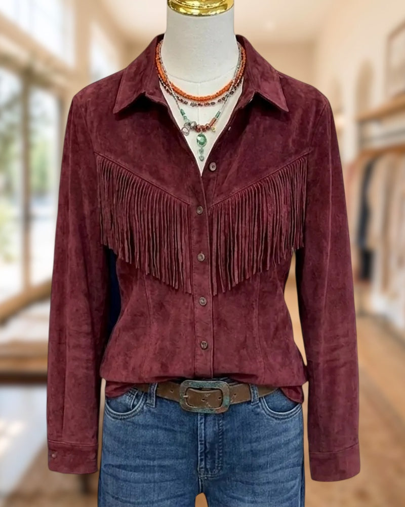 Fringe Decor Button Down Collared Long Sleeve Casual Shirt