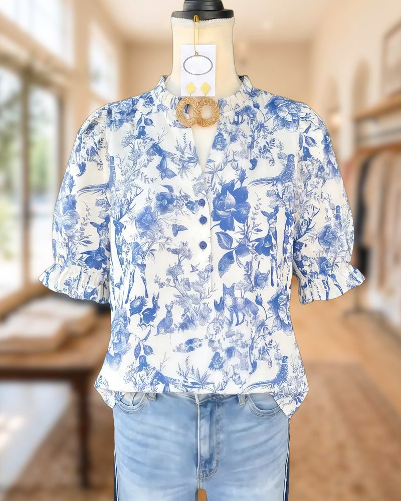 Natural Print Puff Sleeve V Neck Urban Blouse