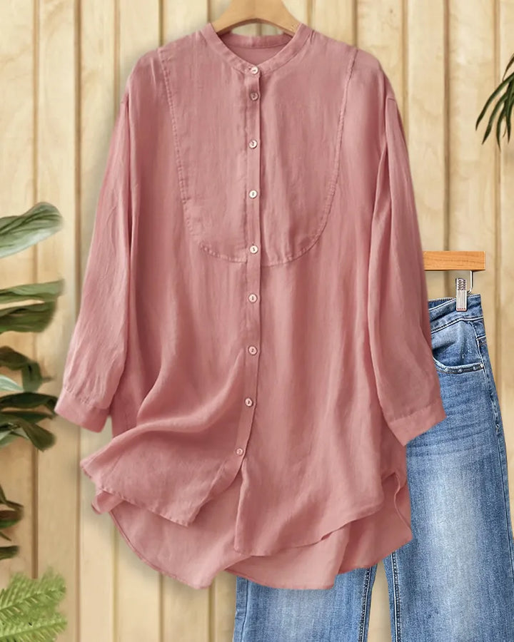Solid Color Long Sleeve Button Up Stand Collar Loose Shirt