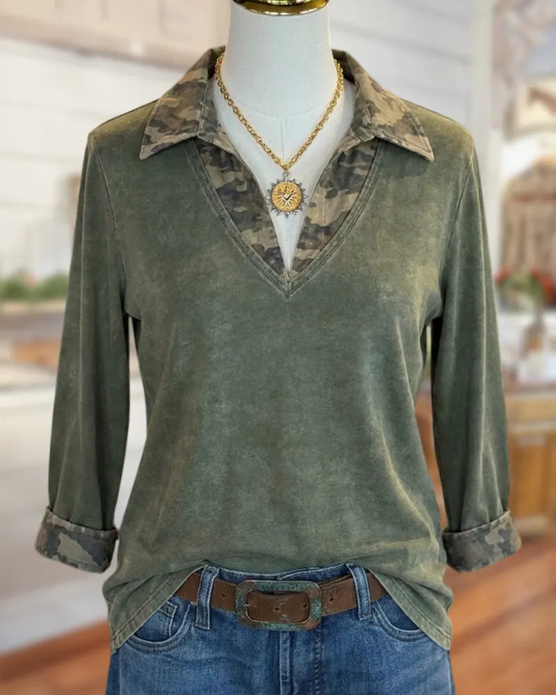 Collared V Neck Camo Trim Rolled Cuff Casual Top
