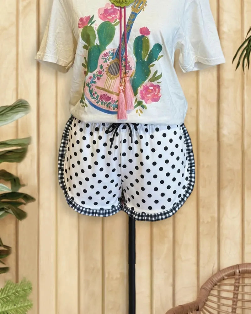 Leopard Print Cute Ruffles Trim Drawstring Shorts