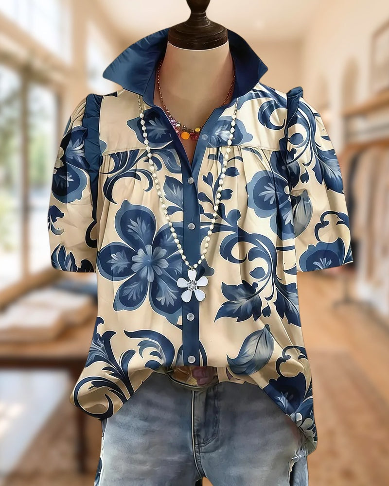 Floral Print Ethnic Ruffled Shoulder Button Up Shirt
